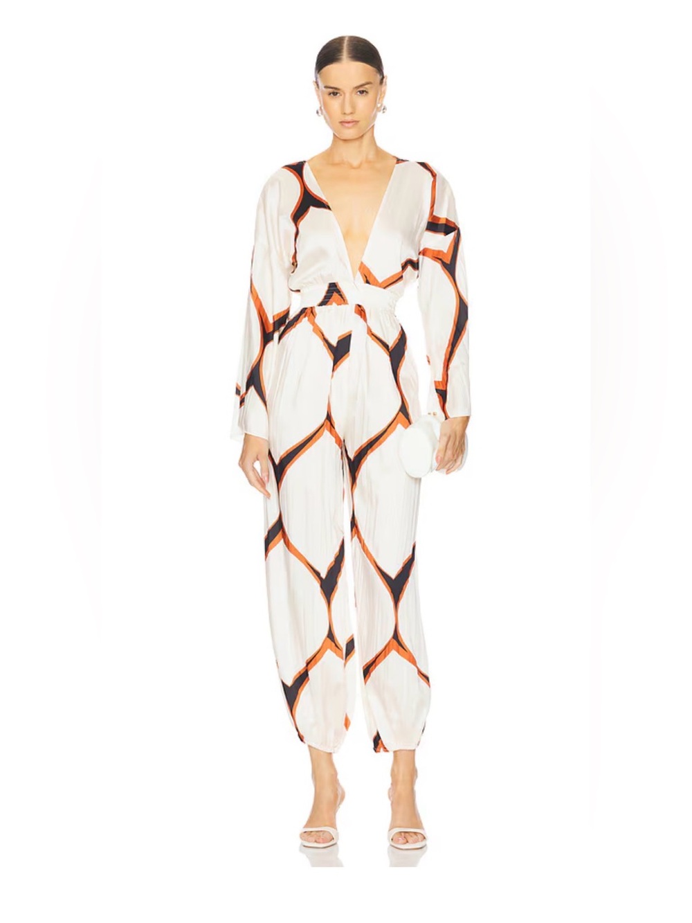 MISA Los Angeles Amina Jumpsuit Los Cabos Geo Print Plunge Bell Sleeve XS